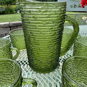 Vintage 1970~Anchor Hocking~Soreno~Avocado~1-3 Cup Pitcher & 6-1/2 Cup Cups~G12